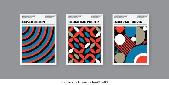 Set of abstract A4 Swiss style posters, book cover with Bauhaus abstract geometric patterns, vector illustration