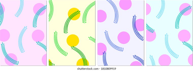 Set of abstract A4 templates with leaves and circles. Suitable for social media posts, mobile apps, banners design and web/internet ads, poster, placard. Vector fashion backgrounds.