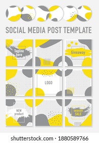 Set abstract account art background story grey yellow color icons.Circle logo watercolor and square endless photos for social media stories.Design element for beauty shop, bloggers and social media.