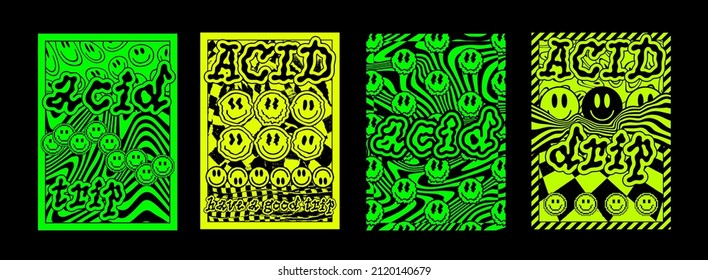 Set Of Abstract Acid Smile Art Posters. Collection Of Cool Trippy Rave Placards. Vaporwave Optical Illusion Artwork.