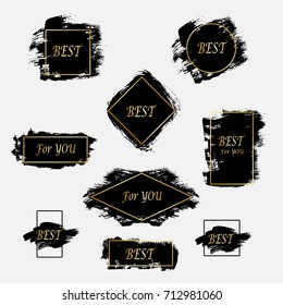 Set of abstract acrylic stains frames made by hard brushes in black colors with gold stroke for creative design or for grunge artistic background for text. Vector trend element