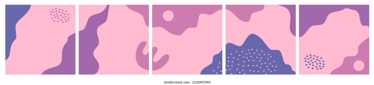 Set of abstract aesthetic background on purple color for social media post, feed, carousel template, promotion, frame, banner, flyer. Trendy modern organic shapes with copy space text.