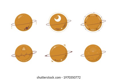 Set of abstract aesthetic boho planets. Scandinavian design for wallpaper and home decor. Contemporary geometric element. Modern vector illustration in flat style.