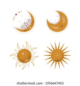 Conjunto de lunas estéticas abstractas y soles. Diseño escandinavo para tapicería y decoración casera. Elemento geométrico contemporáneo. Ilustración vectorial moderna en estilo plano.