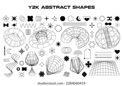 Satz abstrakter ästhetischer y2k geometrischer Elemente und Wireframe-Formen. Schwarz-Weiß-Design-Elemente der Retro-Linie. Vektorgrafik für soziale Netzwerke oder Poster. EPS10