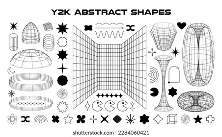 Set of abstract aesthetic y2k geometric elements and wireframe shapes. Black and white retro line design elements. Vector illustration for social networks or posters. EPS 10