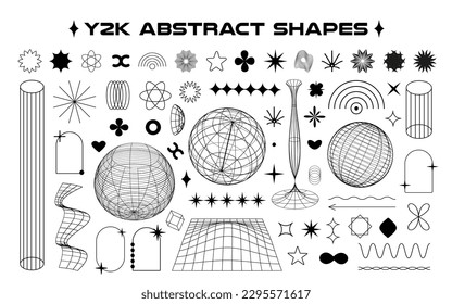 Set of abstract aesthetic y2k geometric elements and wireframe shapes. Black and white retro line design elements. Vector illustration for social networks or posters. EPS 10