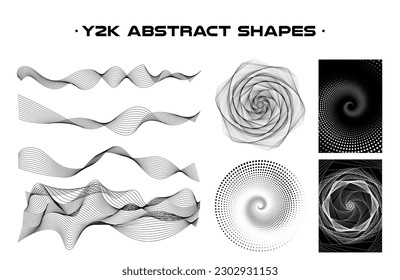 Set of abstract aesthetic y2k geometric elements and wireframe shapes. Black and white retro line design elements. Vector illustration for social networks or posters. EPS 10