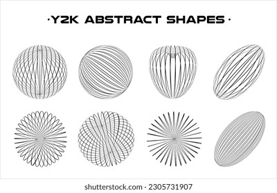 Set of abstract aesthetic y2k geometric elements and wireframe shapes. Black and white retro line design elements. Vector illustration for social networks or posters. EPS 10