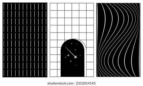 Set of abstract aesthetic y2k geometric elements and 3D wireframe shapes. Black and white retro line design elements. Vector illustration for social networks or posters. EPS 10