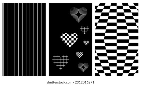 Set of abstract aesthetic y2k geometric elements and 3D wireframe shapes. Black and white retro line design elements. Vector illustration for social networks or posters. EPS 10