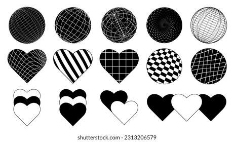 Set of abstract aesthetic y2k geometric elements and 3D wireframe shapes. Black and white retro line design elements. Vector illustration for social networks or posters. EPS 10