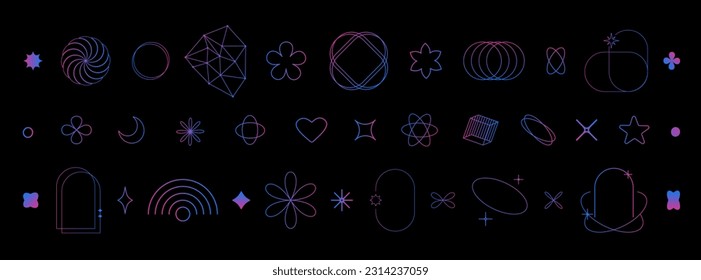 Set of abstract aesthetic y2k geometric elements and 3D wireframe shapes. Gradient retro line design elements. Vector illustration for social networks or posters. EPS 10