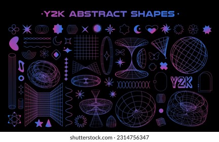 Satz abstrakter ästhetischer y2k geometrischer Elemente und 3D-Wireframe-Formen. Gradient Retro-Linien Design Elemente. Vektorgrafik für soziale Netzwerke oder Poster. EPS10