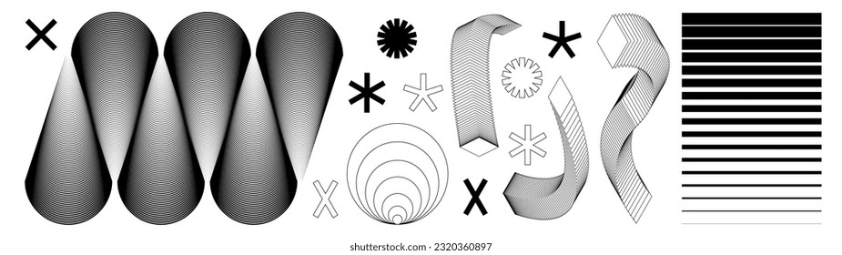 Set of abstract aesthetic y2k geometric elements and 3D wireframe shapes. Black and white retro line design elements. Vector illustration for social networks or posters. EPS 10