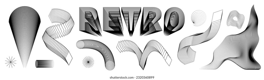Set of abstract aesthetic y2k geometric elements and 3D wireframe shapes. Black and white retro line design elements. Vector illustration for social networks or posters. EPS 10