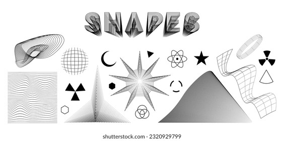 Set of abstract aesthetic y2k geometric elements and 3D wireframe shapes. Black and white retro line design elements. Vector illustration for social networks or posters. EPS 10