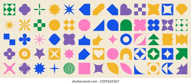 Set of abstract aesthetic y2k geometric elements. Colorful retro vector shapes. EPS 10