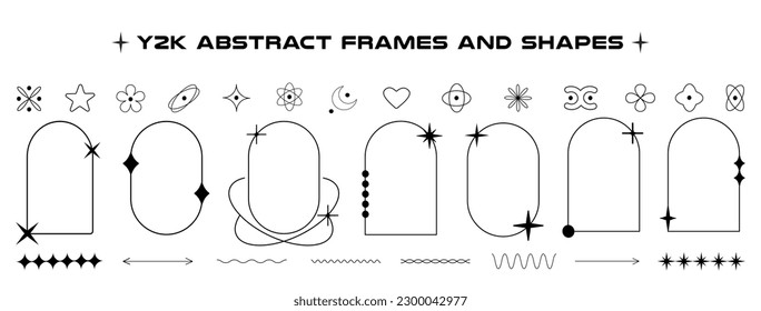 Set of abstract aesthetic y2k linear frames, geometric shapes and elements. Black and white retro line design elements. Vector illustration for social networks or posters. EPS 10