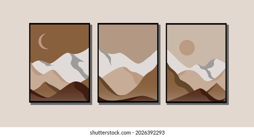 Set of abstract aesthtetic mountain landscape. Triptych. Boho style. Contemporary art. Mid century modern vector illustration. 