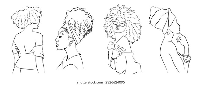 Set of Abstract African american women portraits in minimalistic modern line art style. Trendy design for beauty logo, print, tattoo, card. Vector black ink sketch isolated on white background.