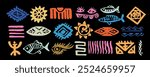 Set of abstract African, aztec tribal , colorful geometric shapes, ancient ethnic traditional symbols and ornate signs. Hand-drawn oriental elements in doodle style. 