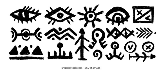  Set of abstract African, aztec tribal geometric shapes, ancient ethnic traditional symbols and ornate signs. Hand-drawn oriental elements in doodle style. Isolated colored flat vector illustrations