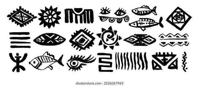  Set of abstract African, aztec tribal geometric shapes, ancient ethnic traditional symbols and ornate signs. Hand-drawn oriental elements in doodle style. Isolated colored flat vector illustrations