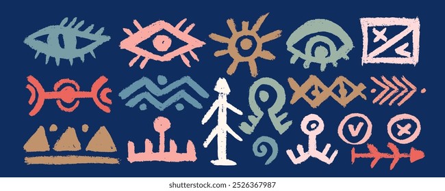  Set of abstract African, aztec tribal , colorful geometric shapes, ancient ethnic traditional symbols and ornate signs. Hand-drawn oriental elements in doodle style. 