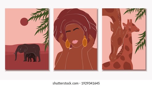 Set of abstract African posters. Minimalism. Woman. Elephants. Giraffes. Vector illustration.