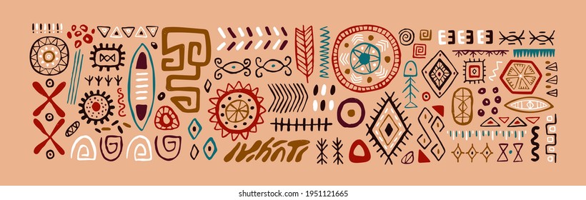 Set of abstract African tribal geometric shapes, ancient ethnic traditional symbols and ornate signs. Hand-drawn oriental elements in doodle style. Isolated colored flat vector illustrations
