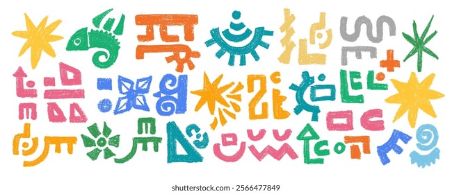Set of abstract African tribal geometric shapes, ancient ethnic traditional symbols and ornate signs. Hand-drawn oriental elements in doodle style. Isolated colored flat vector illustrations