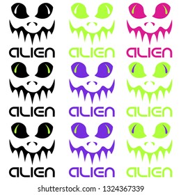 set of abstract alien faces of different colors with the inscription