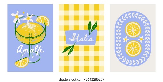 Set of Abstract Amalfi summer retro posters. Trendy naive wall arts with lemon fruit design in pastel colors. Modern groovy funky interior decorations, cards. Vector textured illustration