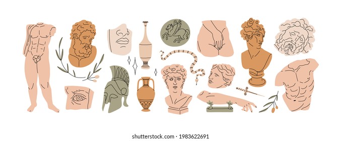 Set of abstract ancient Greek classic statues and sculptures, drawn in modern style. Design elements in aesthetic of antique Greece. Flat graphic vector illustration isolated on white background.