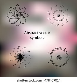 Set of abstract ancient symbols on the blurred background. Vector illustration. Fractal style. 