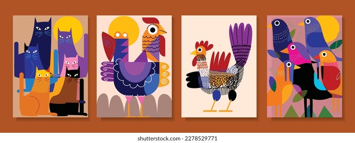 Set of abstract animal, chicken, bird, cat hand drawn vector design.