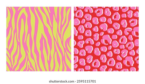 Set of abstract animal skin stylized seamless patterns, flat vector illustration. Colorful Y2K backgrounds of zebra and leopard prints. Red, green and pink colors.