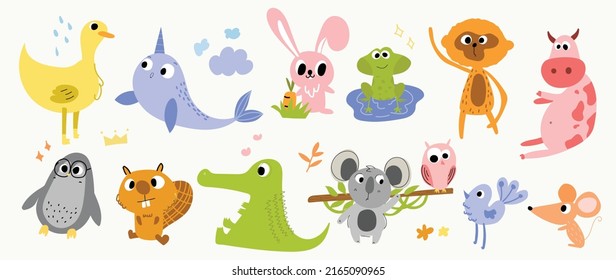 Set of abstract animal vector. Friendly wild life with lion, elephant, bear, crocodile, monkey in doodle pattern. Adorable funny animal and many characters hand drawn collection on white background.