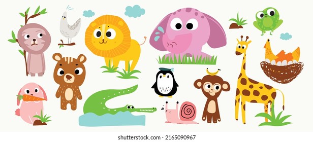 Set of abstract animal vector. Lovely and friendly wild life with penguin, frog, duck, rabbit in doodle pattern. Adorable funny animal and many characters hand drawn collection on white background.