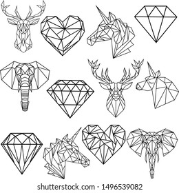 set of abstract animals origami, elephant, unicorn, deer, diamond, heart, vector, tattoo