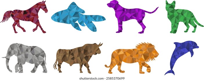 Set of abstract animals in vector in polygonal triangles lowpoly in different colors. Dog, cat, lion, dolphin, bull, horse, fish, elephant.