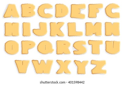 Set of abstract appetizing yellow Latin emblems fount shape of yummy nutriment foodstuff feed isolated on white background. Pie cooking effect typographic design. Closeup view on light milk backdrop