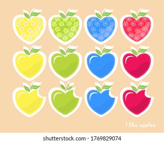 Set of abstract Apple icons. Collection of vector icons of apples in the shape of a heart. Vector illustration