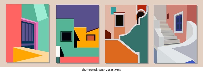 Set of Abstract architecture backgrounds with bright modern colors geometric shapes. Modern building vector illustration, cover, template, poster, etc.