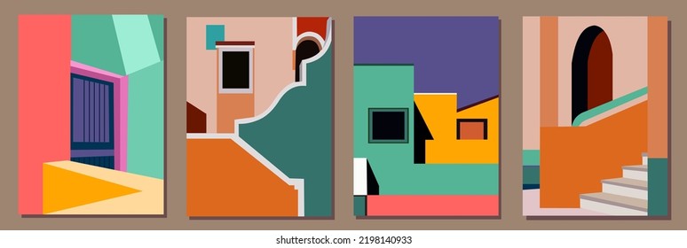 Set of Abstract architecture backgrounds with bright modern colors geometric shapes. Modern building vector illustration, cover, template, poster, etc.