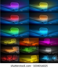 Set von abstrakten Pfeil neonleuchtenden magischen Hintergründen, dunkelglänzenden Vektorhintergründen mit Lichteffekten für Web-Banner, Business- oder Technologiepräsentationen. Vektorgrafik
