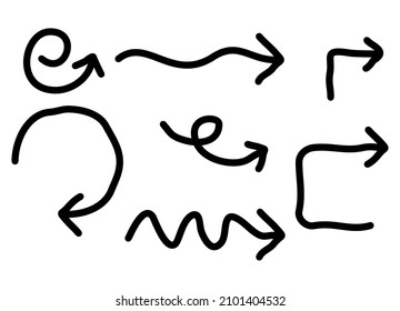 Set of abstract arrows from black lines on a white background. Modern black and white vector illustration.