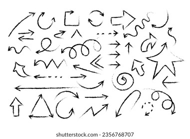 Eine Reihe abstrakter Pfeile, die von Hand gezeichnet werden. Pinselstrich-Stil. Doodle-Stil. Vektorgrafik. Isolierte Objekte
