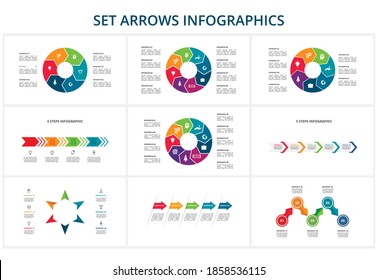 Set abstract arrows of graph, diagram with 5, 6, 7, 8 steps, options, parts or processes. Vector business template for presentation